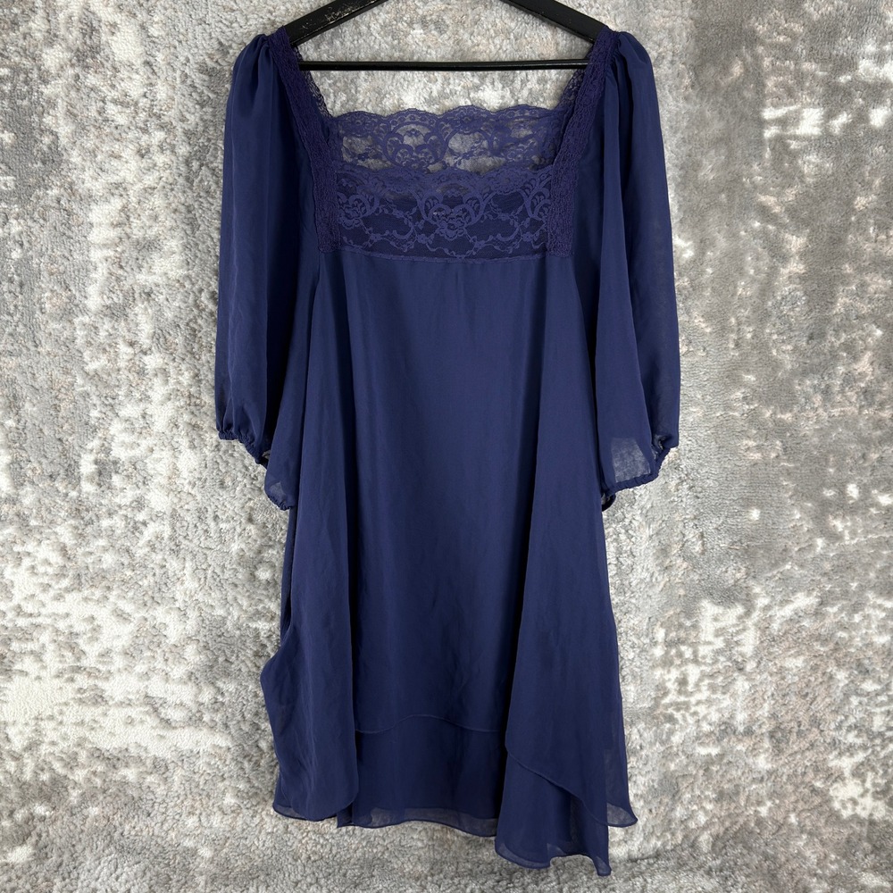 TFNC London Size XL Lace Trim Jemma Chiffon Mini Dress‎ Purple 3/4 Sleeve Women